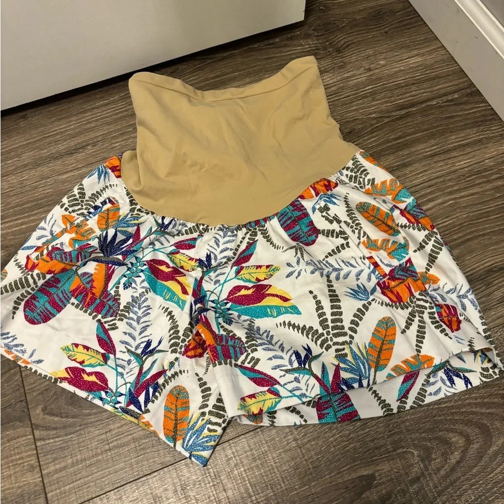 Motherhood Maternity Tropical White Floral Print Pull On Shorts Size M